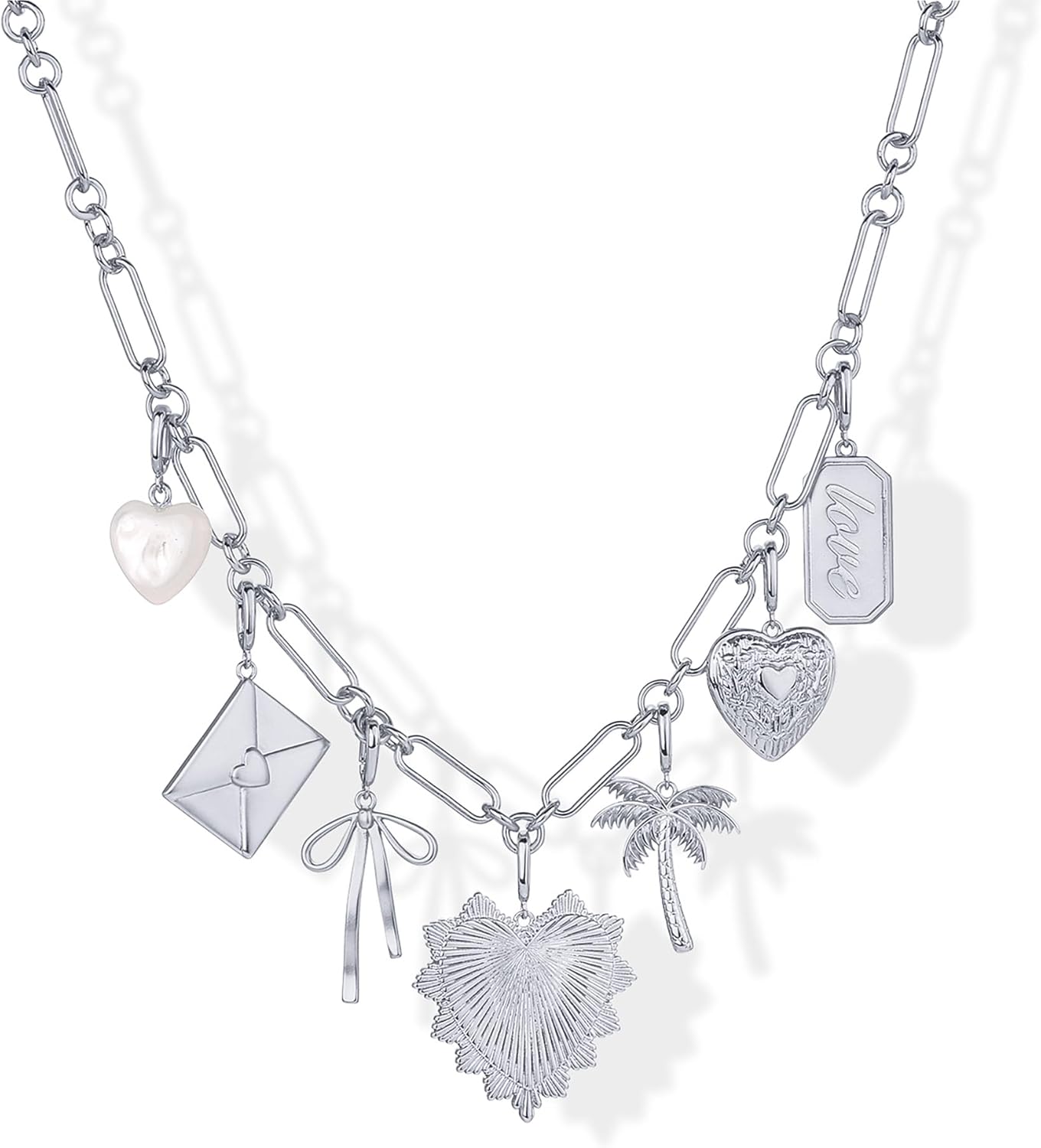 Manufacturer  PAVOI 14K Gold Plated Chunky Charm Necklace Pack for Women | Statement Paperclip Chain Necklaces with Removable Charms | Heart Palm Tree Bow Pearl Love Friendship Necklace  Necklace