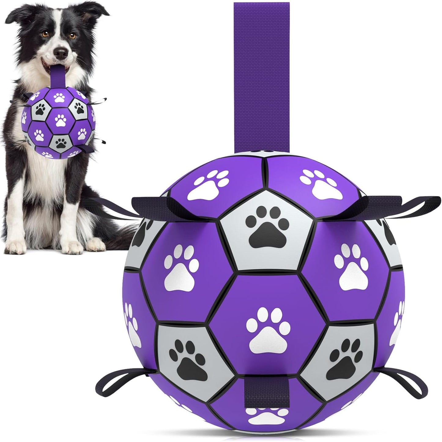 Manufacturer   QDAN Premium Dog Toys Balls, Dog Soccer Ball with Straps, Dog Birthday Gifts, Herding Ball, Durable Balls for Small Medium Pet, Puppy Outdoor Toy, Pet Training Soccer Ball, World Cup Soccer (6 Inch)    Dog toy
