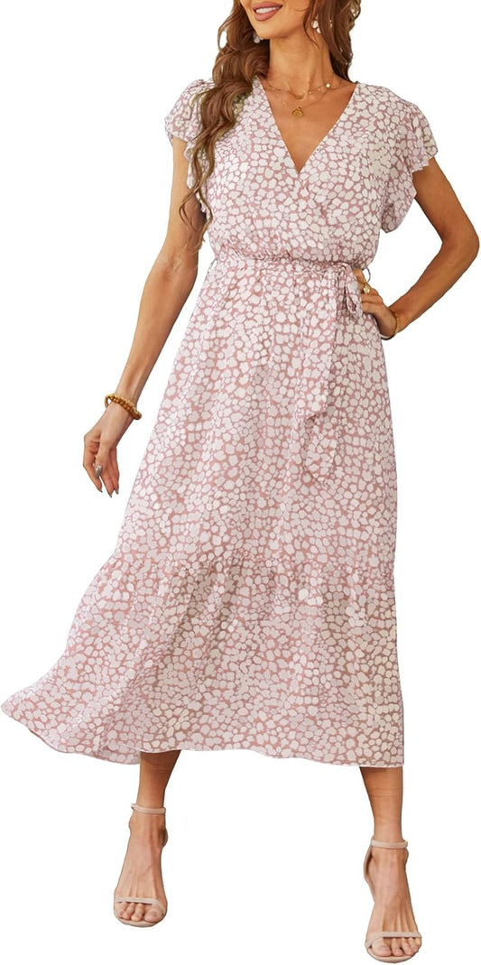 Manufacturer  PRETTYGARDEN Women's Summer Floral Boho Maxi Dress Wrap Short Sleeve V Neck Ruffle A-Line Flowy Wedding Guest Long Dresses dresses