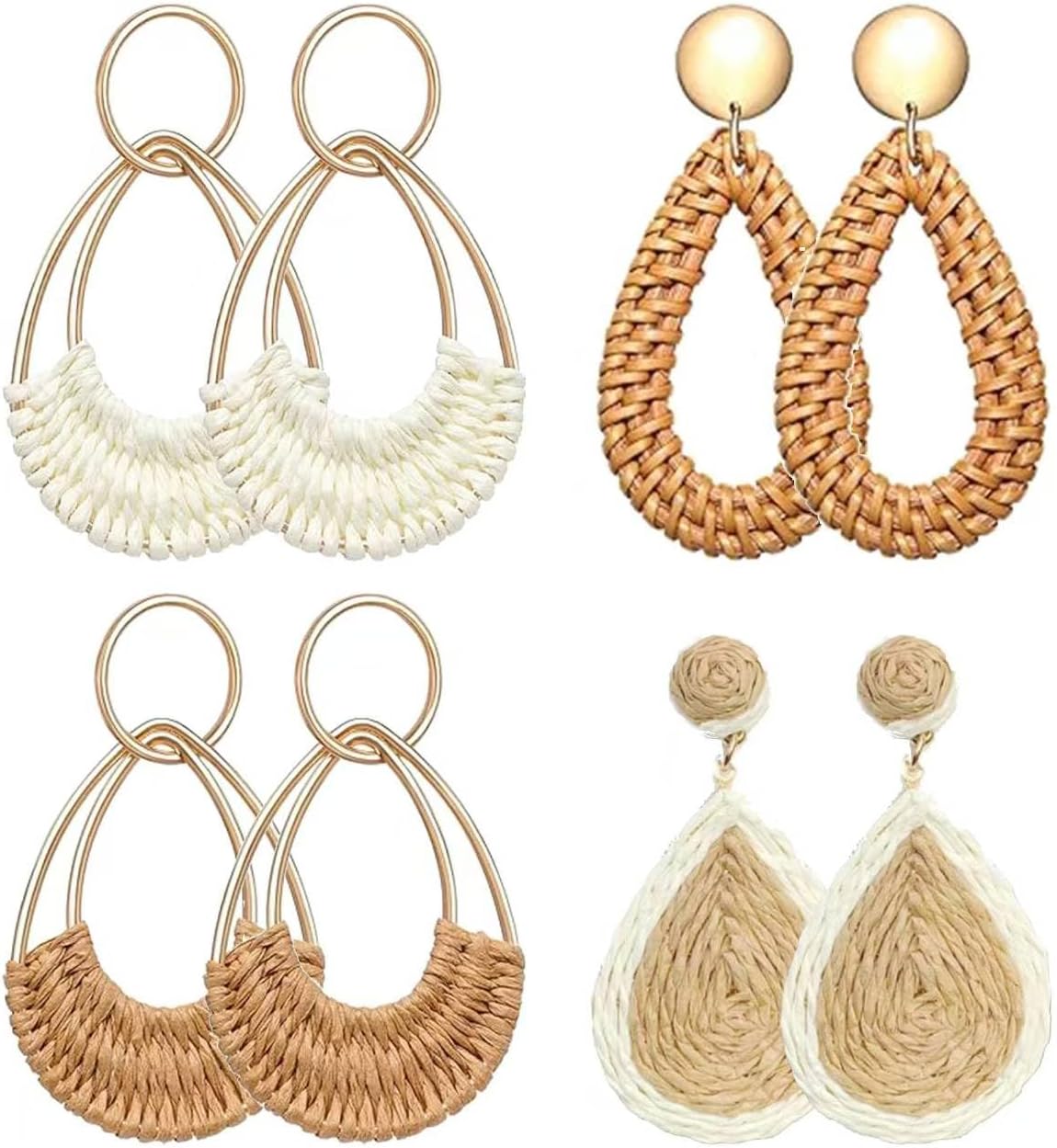 Manufacturer  4 Pairs Handmade Raffia Rattan Bohemian Round Drop Dangle Earrings for Women, Boho Statement Cute Fun Hoop Earrings Set  earring