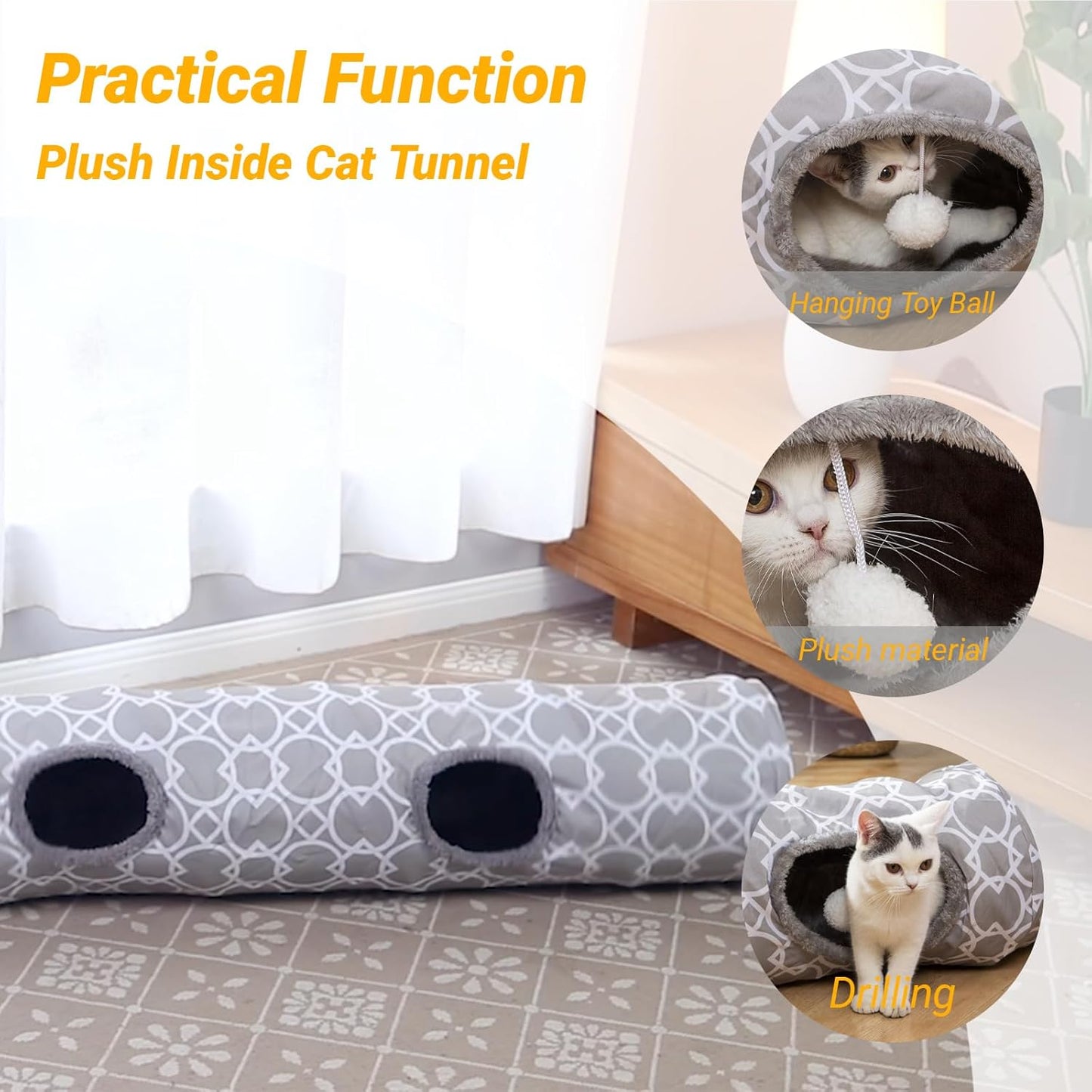 Manufacturer  LUCKITTY Geometric Straight Cat Tunnel with Plush Inside,Cats Toys Collapsible Tunnel Tube with Balls, for Rabbits, Kittens, Ferrets,Puppy, Diameter 9.8 Inch    Cat toy