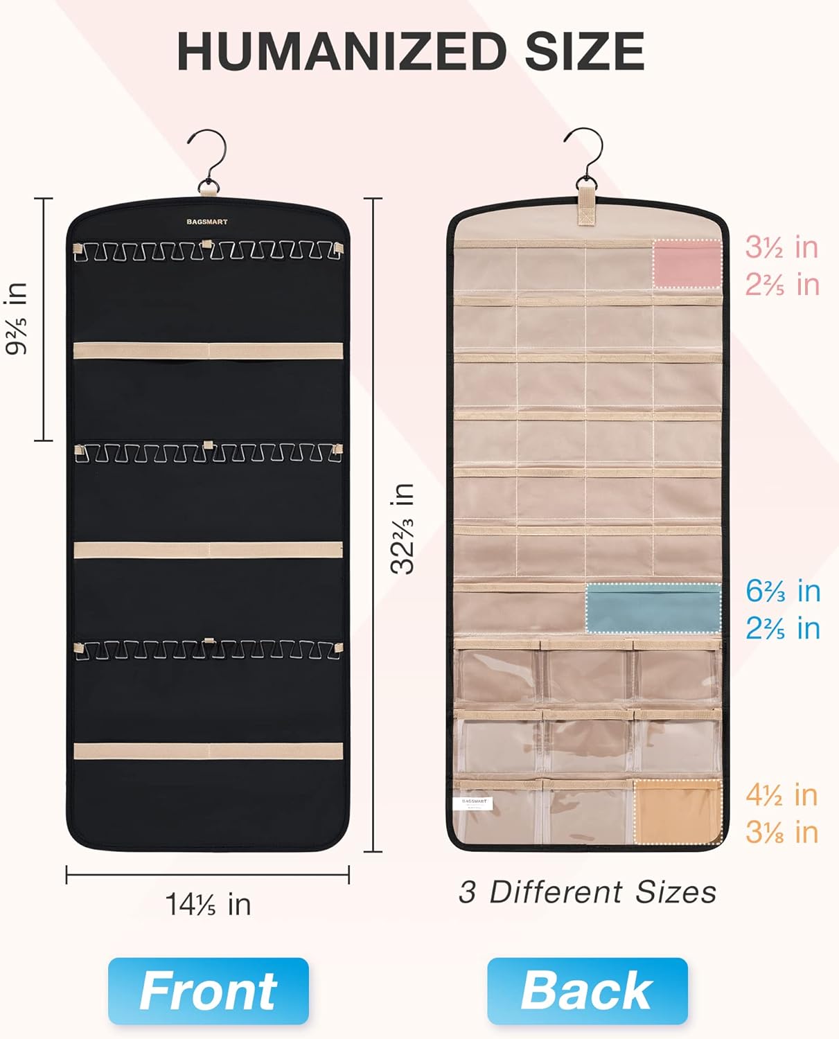 Manufacturer  BAGSMART Hanging Jewelry Organizer, Necklace Holder Anti-tangle Earrings Rings Hanger with 20 Jewelry Bags Travel Storage Roll with Pockets Hang on Closet, Wall, Door,1 Piece, Large, Black  earring