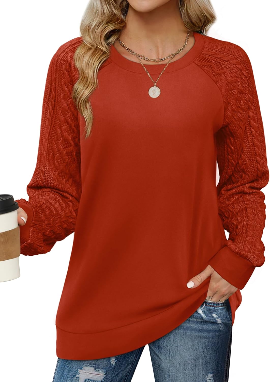 Manufacturer  Saloogoe Sweatshirts for Women Crewneck Cable Knit Sleeve Sweaters Lightweight Fashion   sweaters