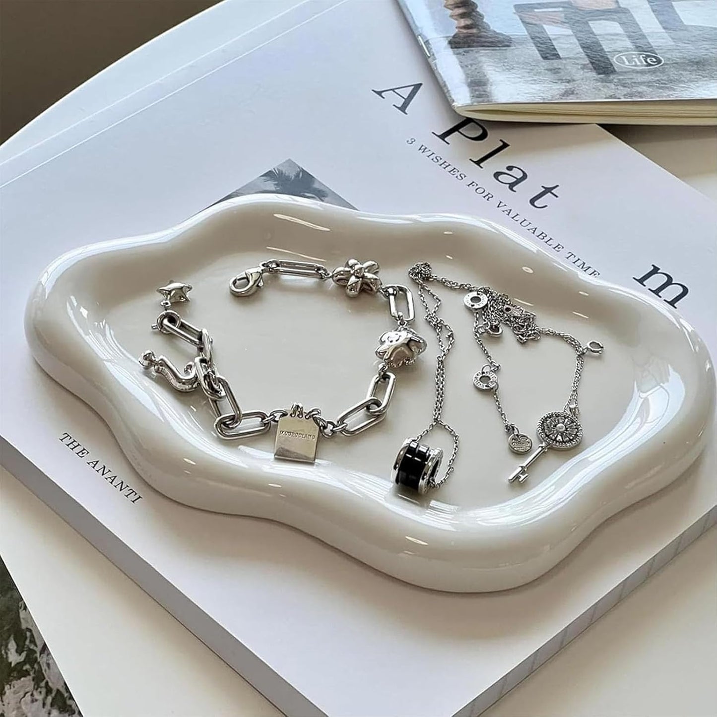 Manufacturer  Small Jewelry Dish for Women, Gifts for Mom, Ceramic Jewlery Tray Ring Holder, Vanity Ring Dish Cute Cloud Tray, Nightstand Decor Trinket Bowl for Earrings, Perfume, Keys, White Jewelry Plate   rings