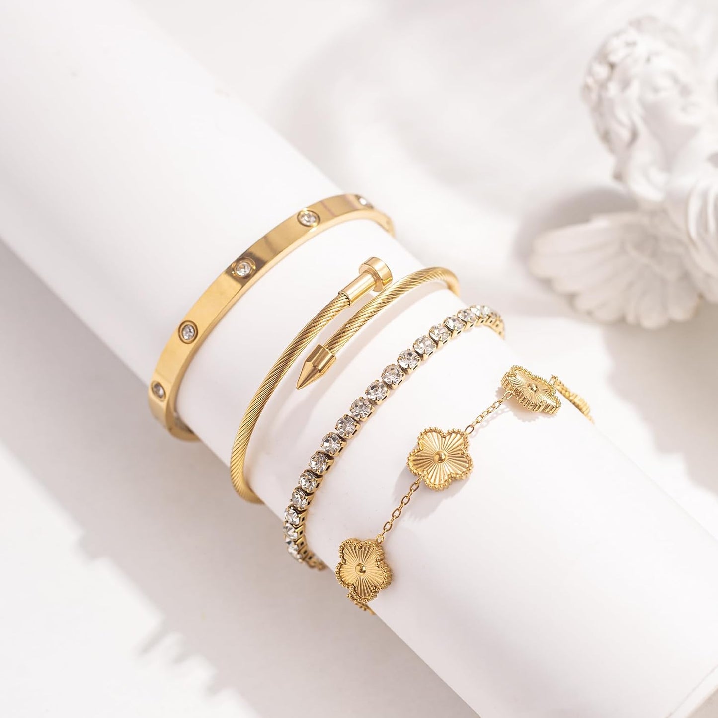 Manufacturer  Lamdo 18K Gold Plated Womens Stackable Floral Gold Clover Bracelets Set Love Bangle Bracelets Non Tarnish, Gold Bracelet Set Trendy Jewelry,Gifts for Women's Day and Mother's Day  bracelets