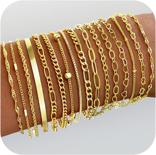 Manufacturer  16 PCS Gold Bracelets for Women, Dainty Bracelets Set for Women Trendy, Gold Stackable Cuban Link Paperclip Chain Bracelet Pack Jewelry Gifts for Women  bracelets