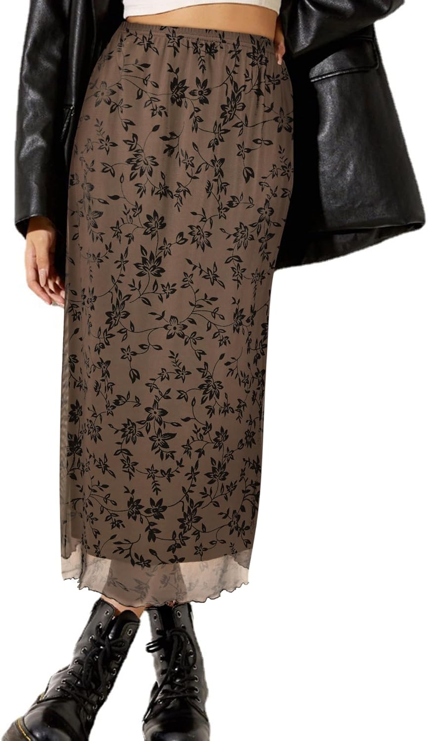 Manufacturer  Avanova Women Mesh Floral Boho High Waist Midi Skirt Lettuce Trim Summer A Line Skirts