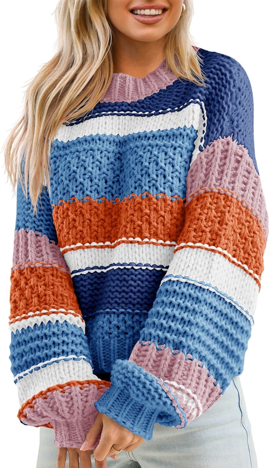 Manufacturer  Saodimallsu Womens Color Block Sweater Striped Chunky Knit Cropped Sweaters Crewneck Fall Long Sleeve Loose Pullover Tops   sweaters