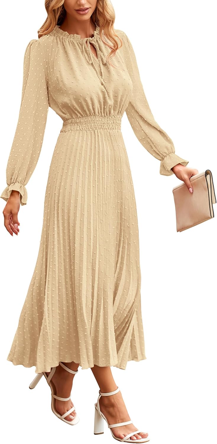 Manufacturer PRETTYGARDEN Women's  Spring Fall Midi Dress Casual Long Sleeve V Neck Swiss Dot Pleated A Line Flowy Dresses