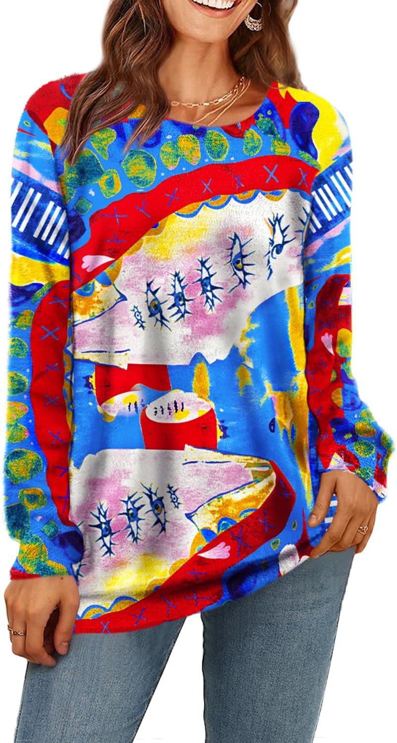 Manufacturer  YESNO Women Christmas Sweater Graphic Printed Oversized Pullover Sweaters Casual Loose Knit Tops S01   sweaters