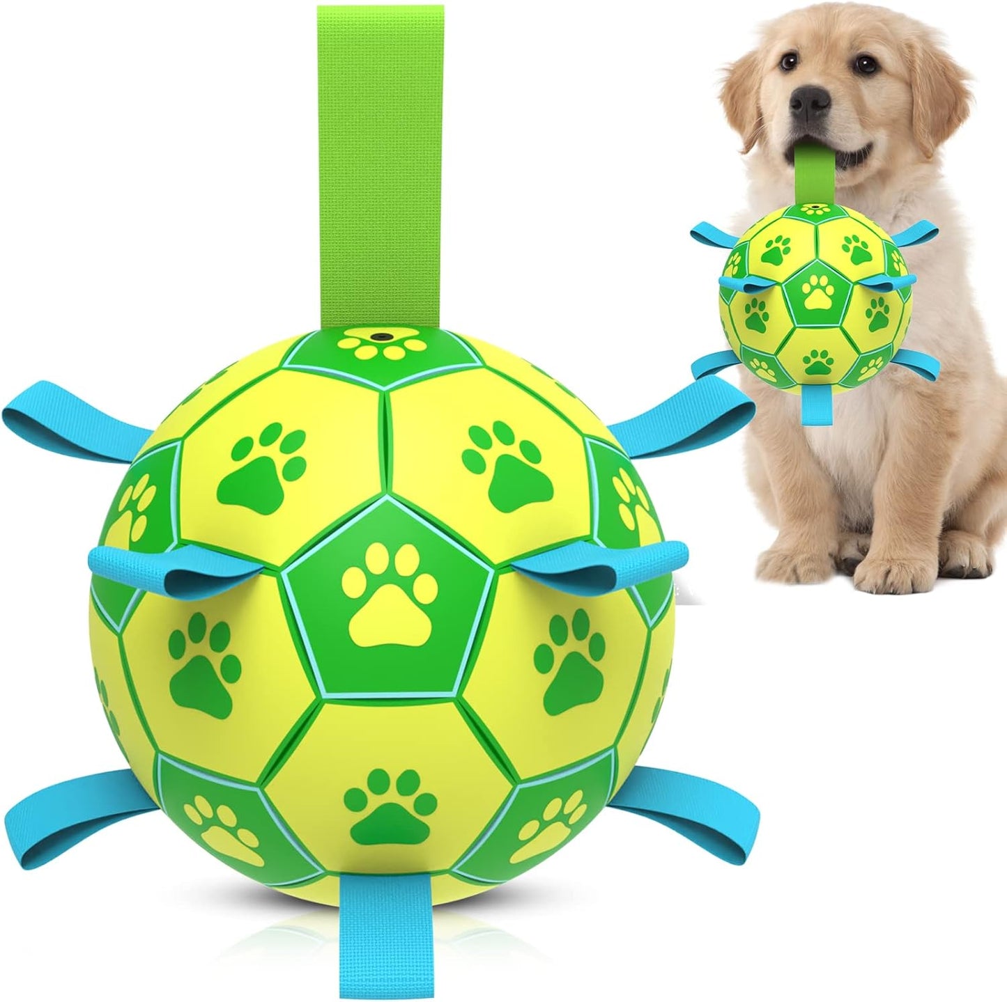 Manufacturer   QDAN Premium Dog Toys Balls, Dog Soccer Ball with Straps, Dog Birthday Gifts, Herding Ball, Durable Balls for Small Medium Pet, Puppy Outdoor Toy, Pet Training Soccer Ball, World Cup Soccer (6 Inch)    Dog toy