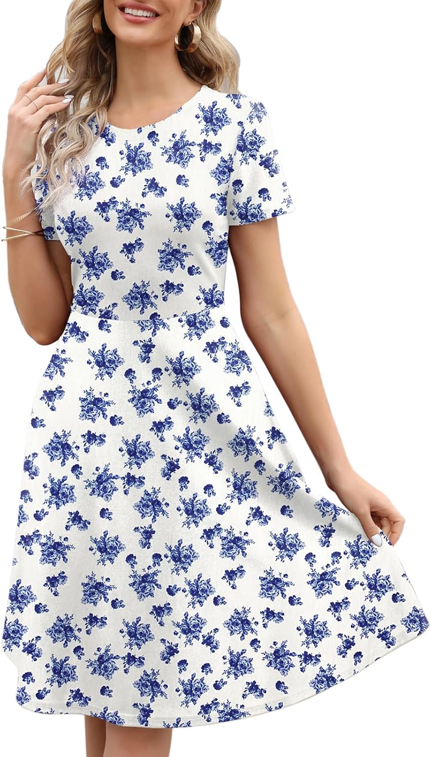 Manufacturer Women's Elegant Knee Length Dresses Vintage 50s Office Casual Floral Print Work Party A-Line Swing Dresses with Pockets 162