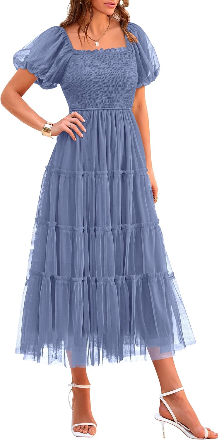Manufacturer  PRETTYGARDEN Women's Smocked Midi Tulle Dress 2025 Summer Puffy Short Sleeve Square Neck Ruffle Wedding Guest Party Dresses dresses