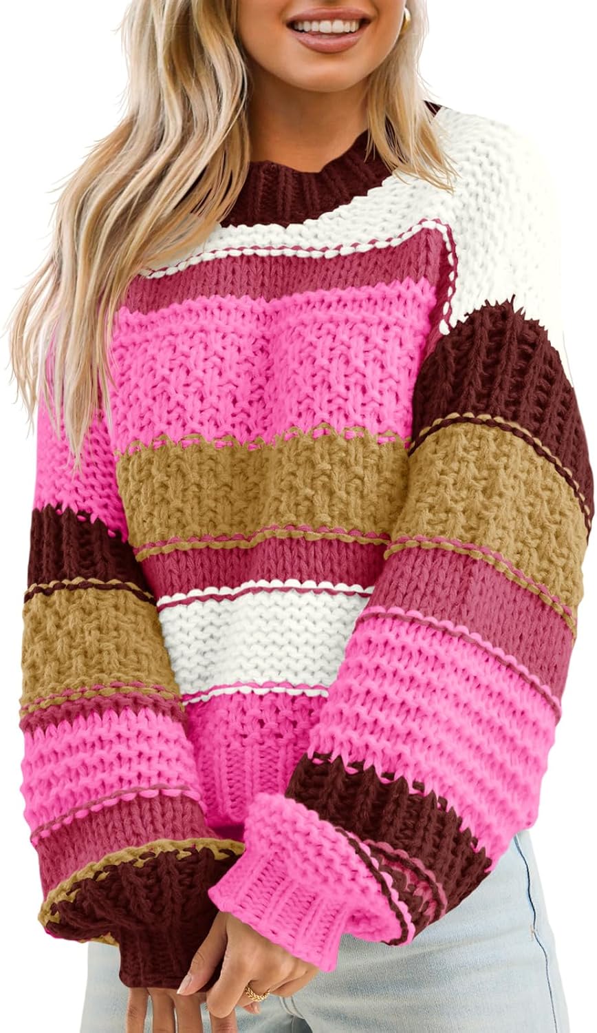 Manufacturer  Saodimallsu Womens Color Block Sweater Striped Chunky Knit Cropped Sweaters Crewneck Fall Long Sleeve Loose Pullover Tops   sweaters