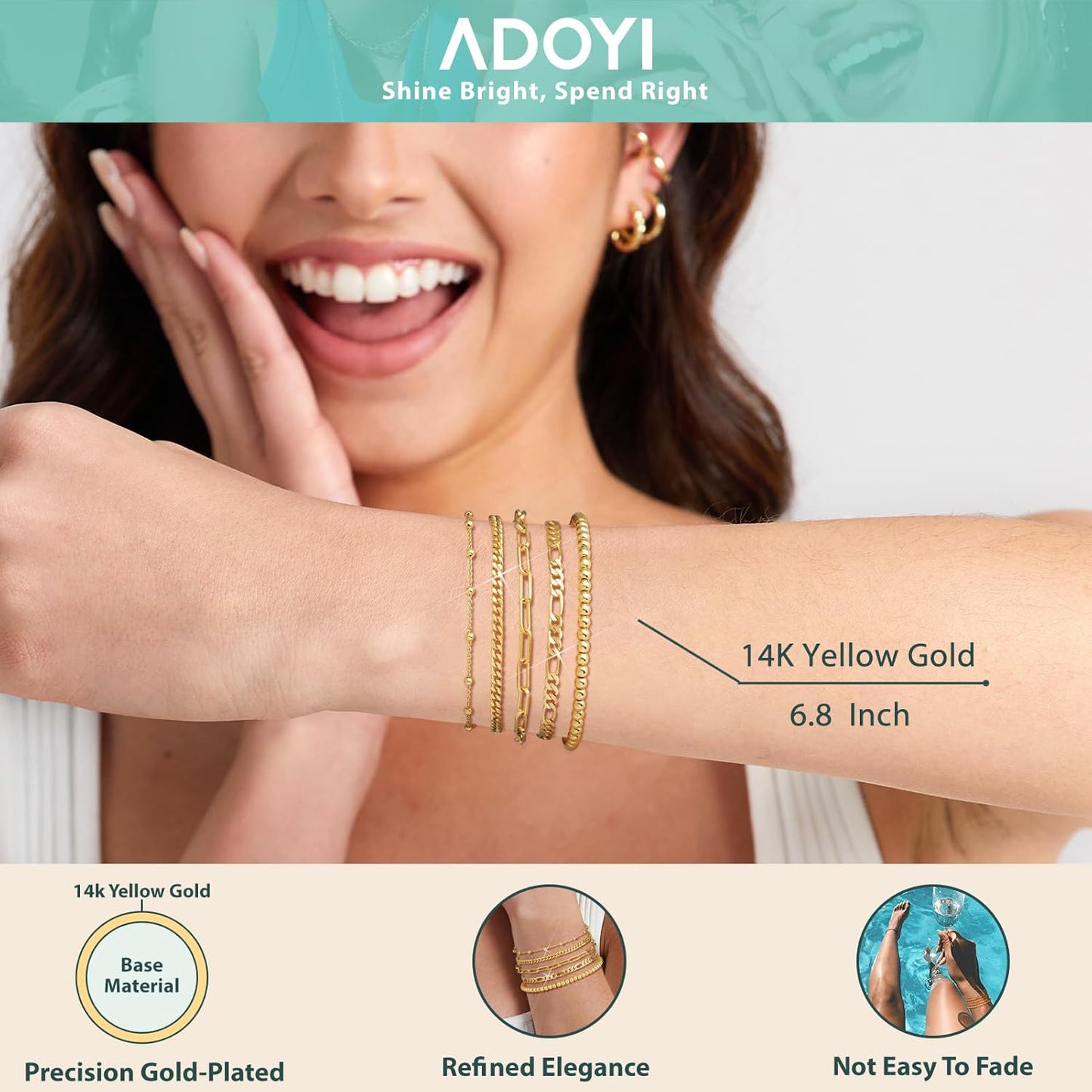 Manufacturer  adoyi Gold Bracelets for Women, 14K Gold Plated Stackable Bracelet Stack Set Adjustable Charm Paperclip Chain Cuban Link Layered Waterproof Jewelry Sets Gifts for Womens 6.0/6.8/7.2"  bracelets