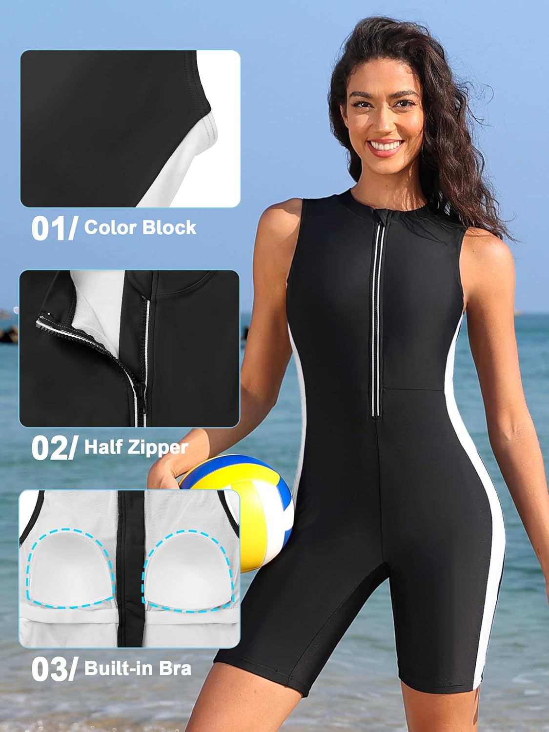 Manufacturer  ATTRACO Boyleg One Piece Swimsuits for Women Athletic Bathing Suits Color Block Zip Up Swimwear  Swimsuit