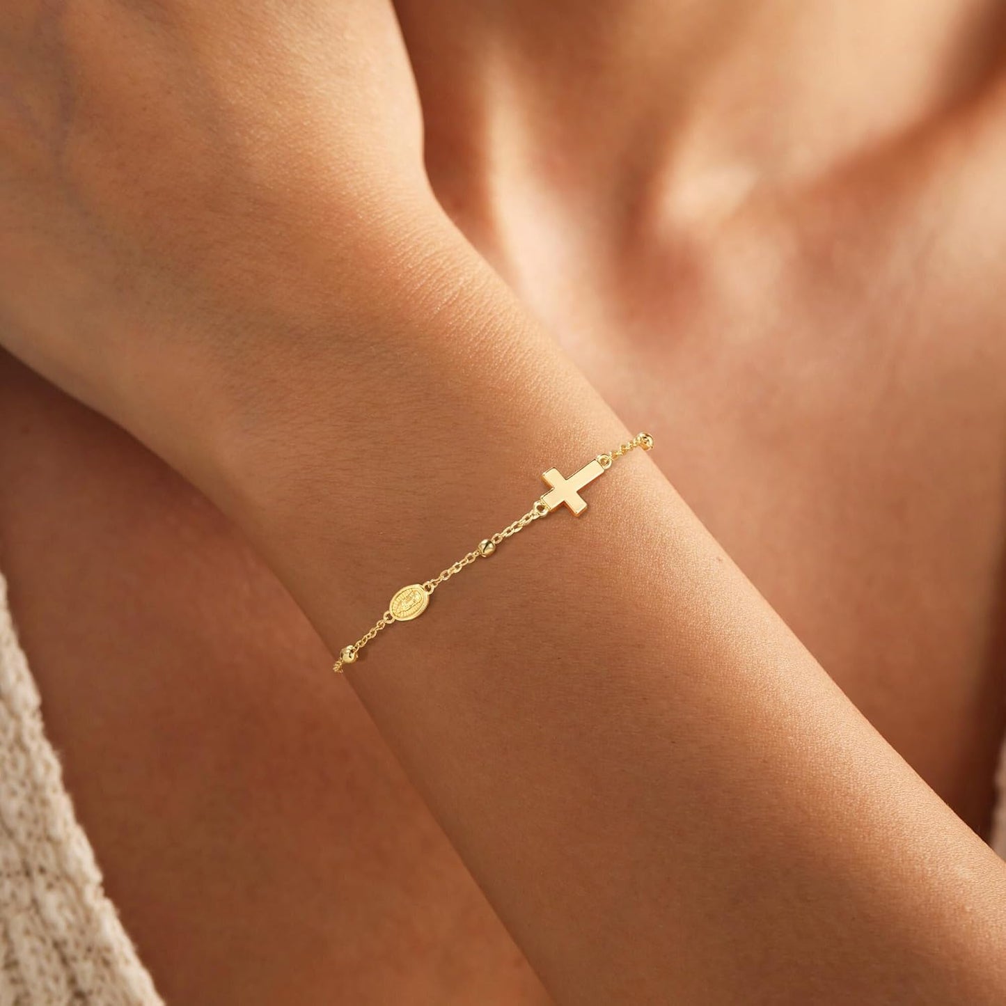 Manufacturer  Turandoss Gold Cross Bracelets for Women - 14K Gold Plated Satellite Bead CZ Pearl Holy Mary Medal Cross Bracelet Dainty Bracelets for Women Faith Jewelry Christian Baptism Religious Gifts  bracelets