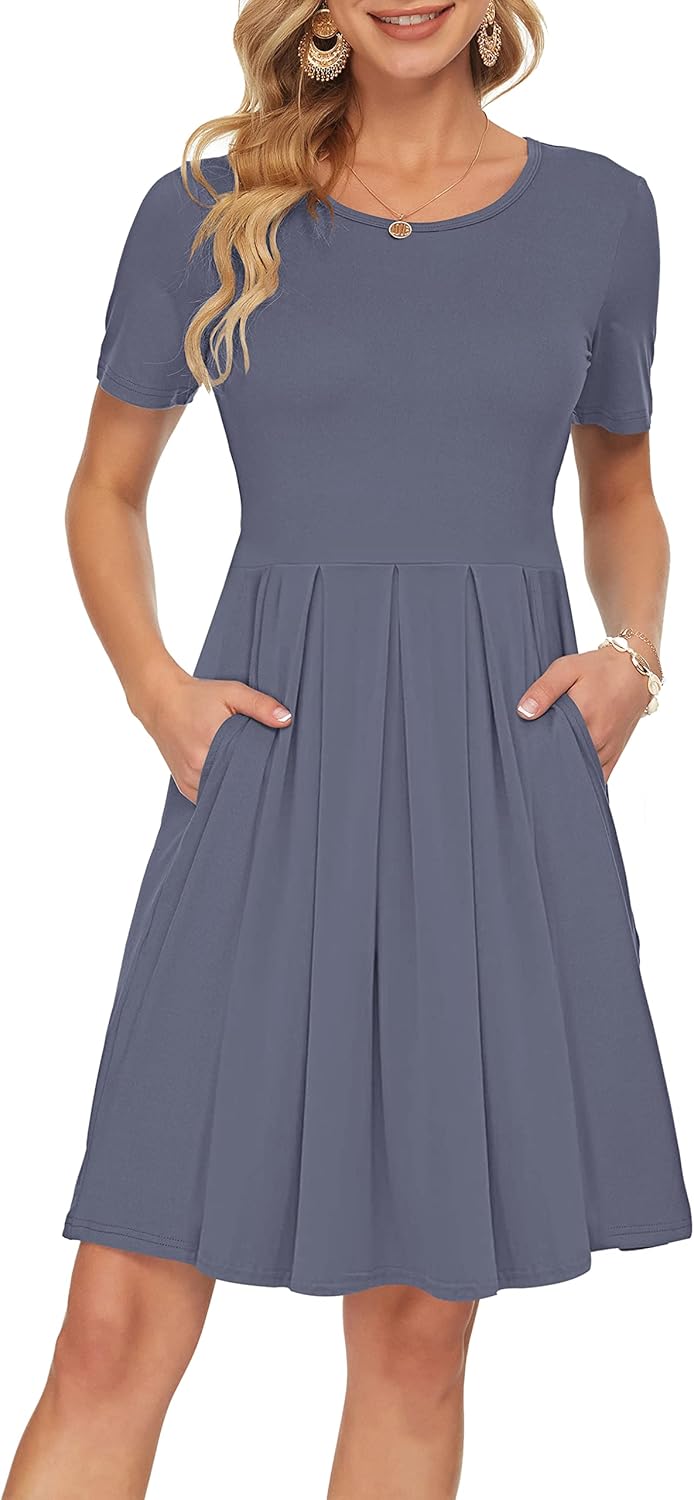 Manufacturer  AUSELILY Women's Short Sleeve Summer Dress Pleated Loose Swing Knee Length Dresses with Pockets  New dresses