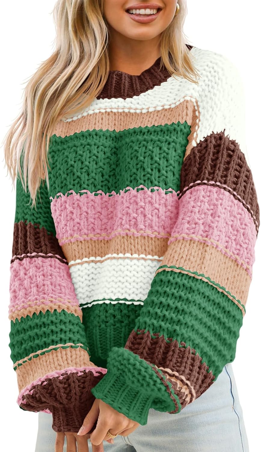 Manufacturer  Saodimallsu Womens Color Block Sweater Striped Chunky Knit Cropped Sweaters Crewneck Fall Long Sleeve Loose Pullover Tops   sweaters
