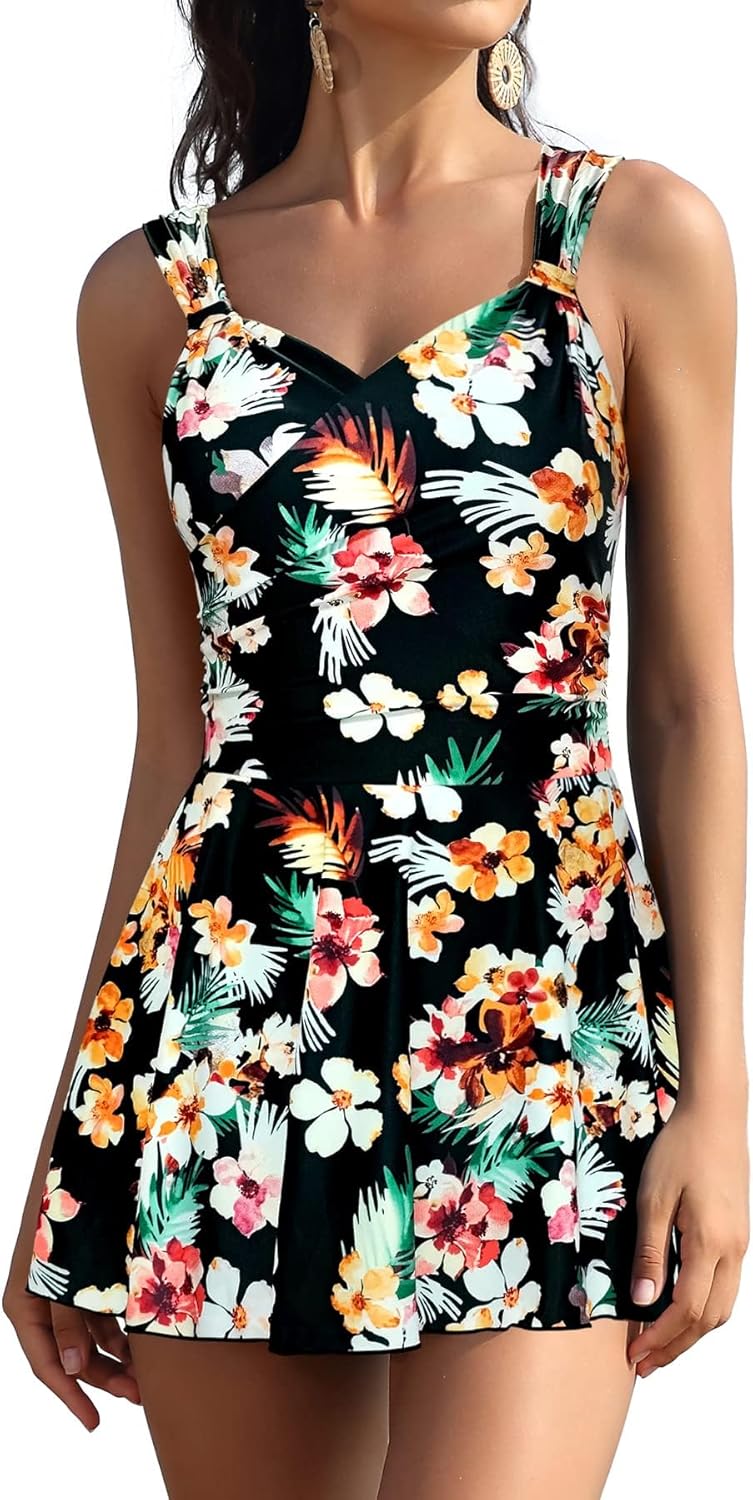 Manufacturer  SHEKINI Womens Elegant One Piece Swimdress Tummy Control Crossover Skirted Swimsuit  Swimsuit