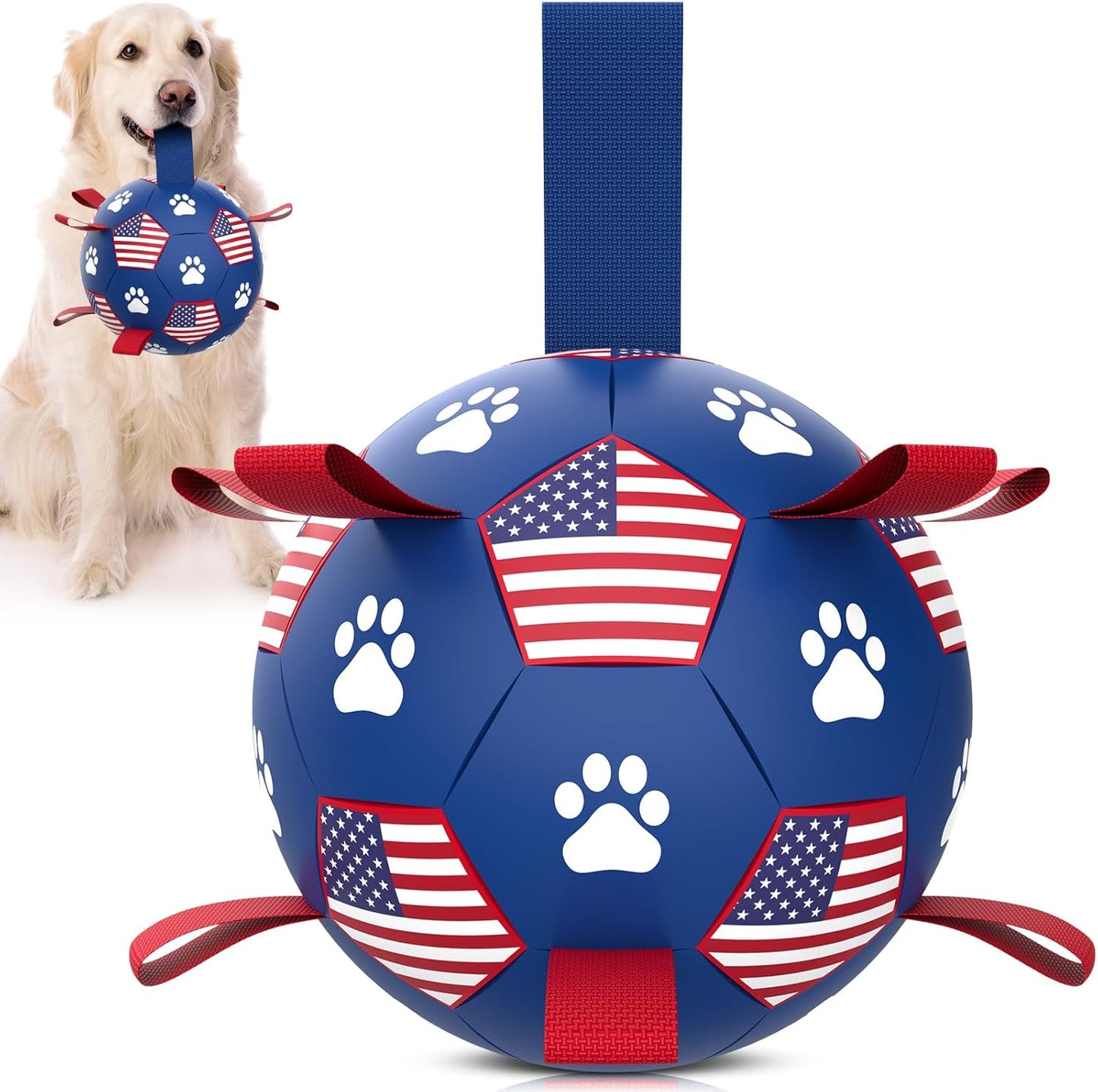 Manufacturer   QDAN Premium Dog Toys Balls, Dog Soccer Ball with Straps, Dog Birthday Gifts, Herding Ball, Durable Balls for Small Medium Pet, Puppy Outdoor Toy, Pet Training Soccer Ball, World Cup Soccer (6 Inch)    Dog toy