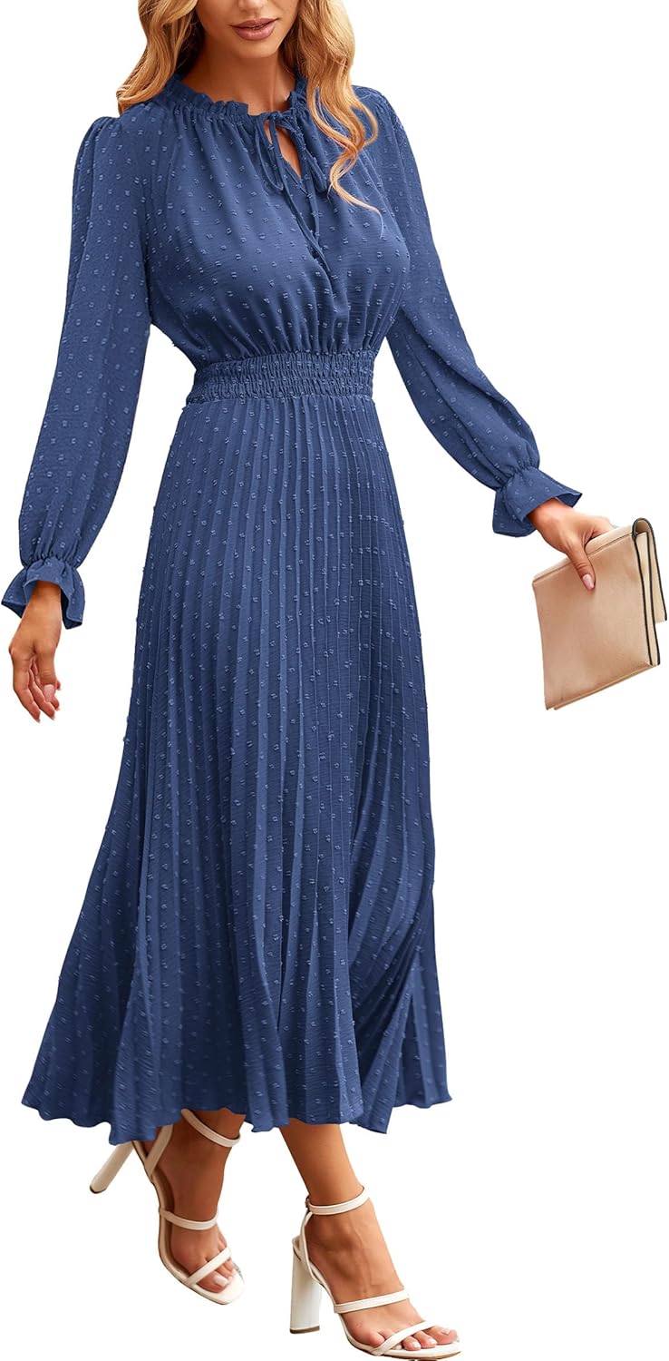 Manufacturer PRETTYGARDEN Women's  Spring Fall Midi Dress Casual Long Sleeve V Neck Swiss Dot Pleated A Line Flowy Dresses