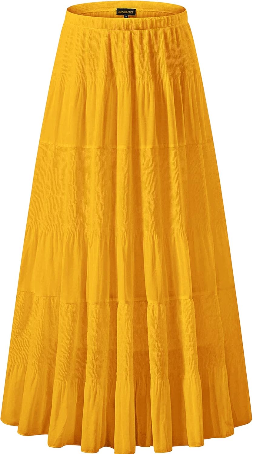 Manufacturer  NASHALYLY Women's Chiffon Elastic High Waist Pleated A-Line Flared Maxi Skirts