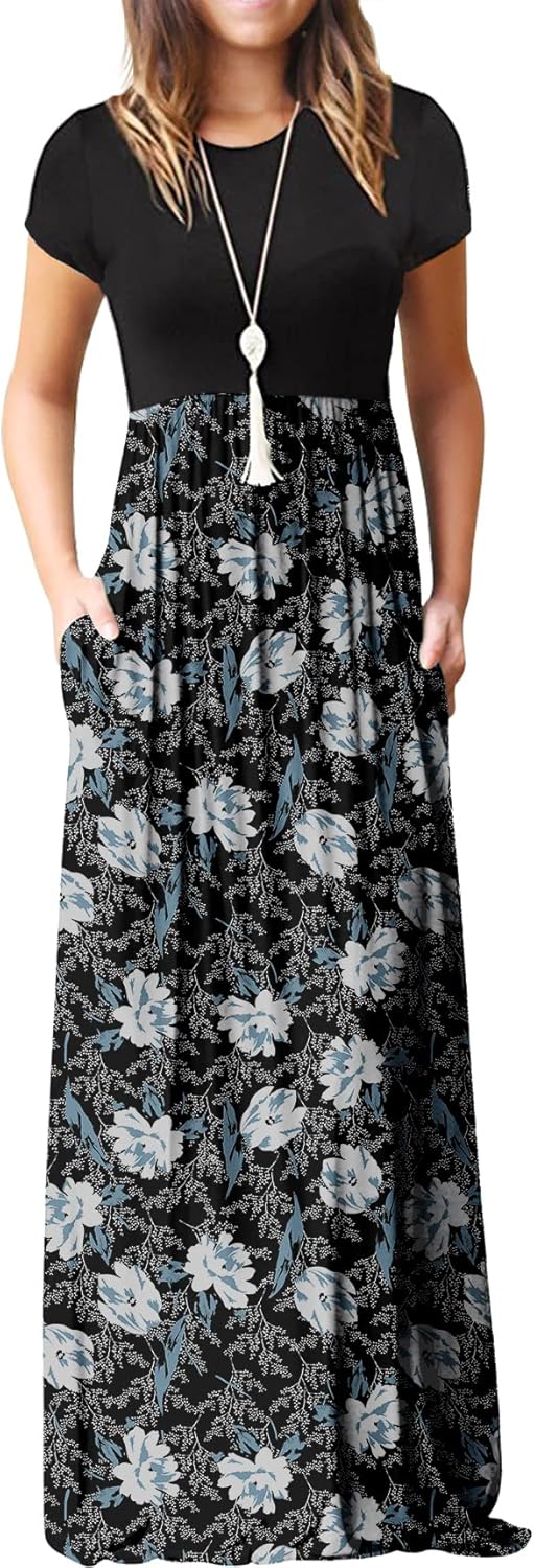 Manufacturer  GRECERELLE Women Summer Crew Neck Casual Short Sleeve Solid Floral Print Long Maxi Dress with Pockets dresses