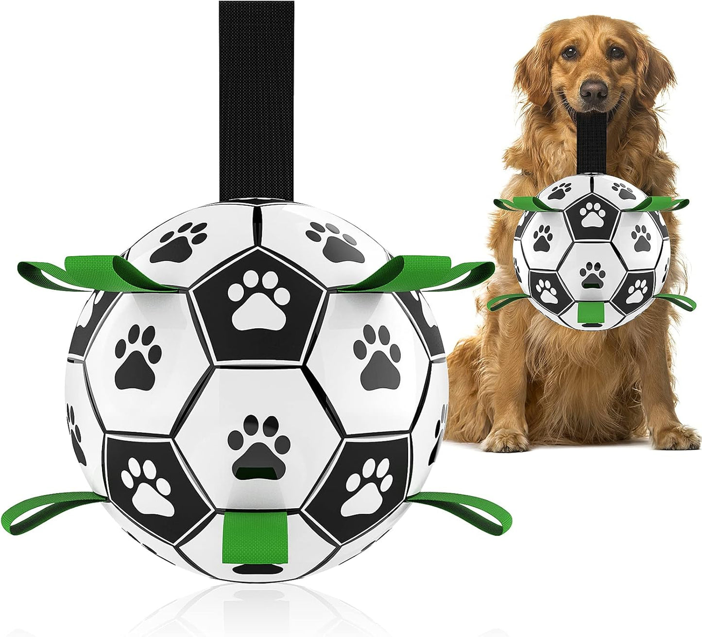 Manufacturer   QDAN Premium Dog Toys Balls, Dog Soccer Ball with Straps, Dog Birthday Gifts, Herding Ball, Durable Balls for Small Medium Pet, Puppy Outdoor Toy, Pet Training Soccer Ball, World Cup Soccer (6 Inch)    Dog toy