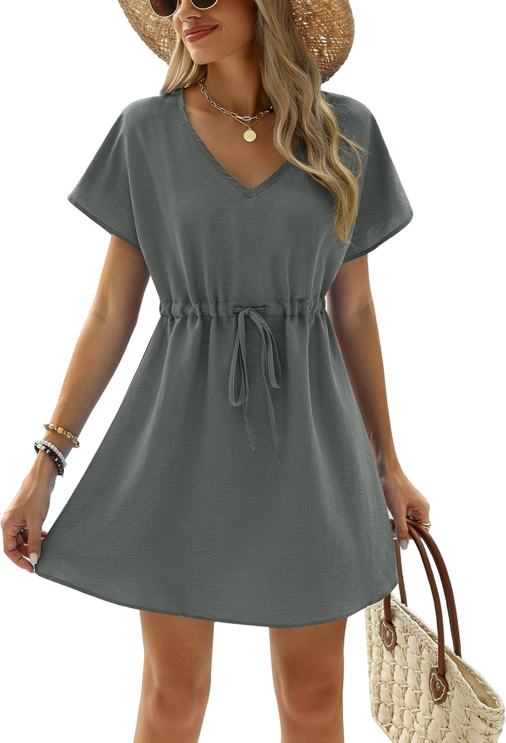 Manufacturer  Ekouaer Womens Swimsuit Coverup Short Sleeve Beach Cover Up Dress V Neck Bikini Beachwear  Swimsuit