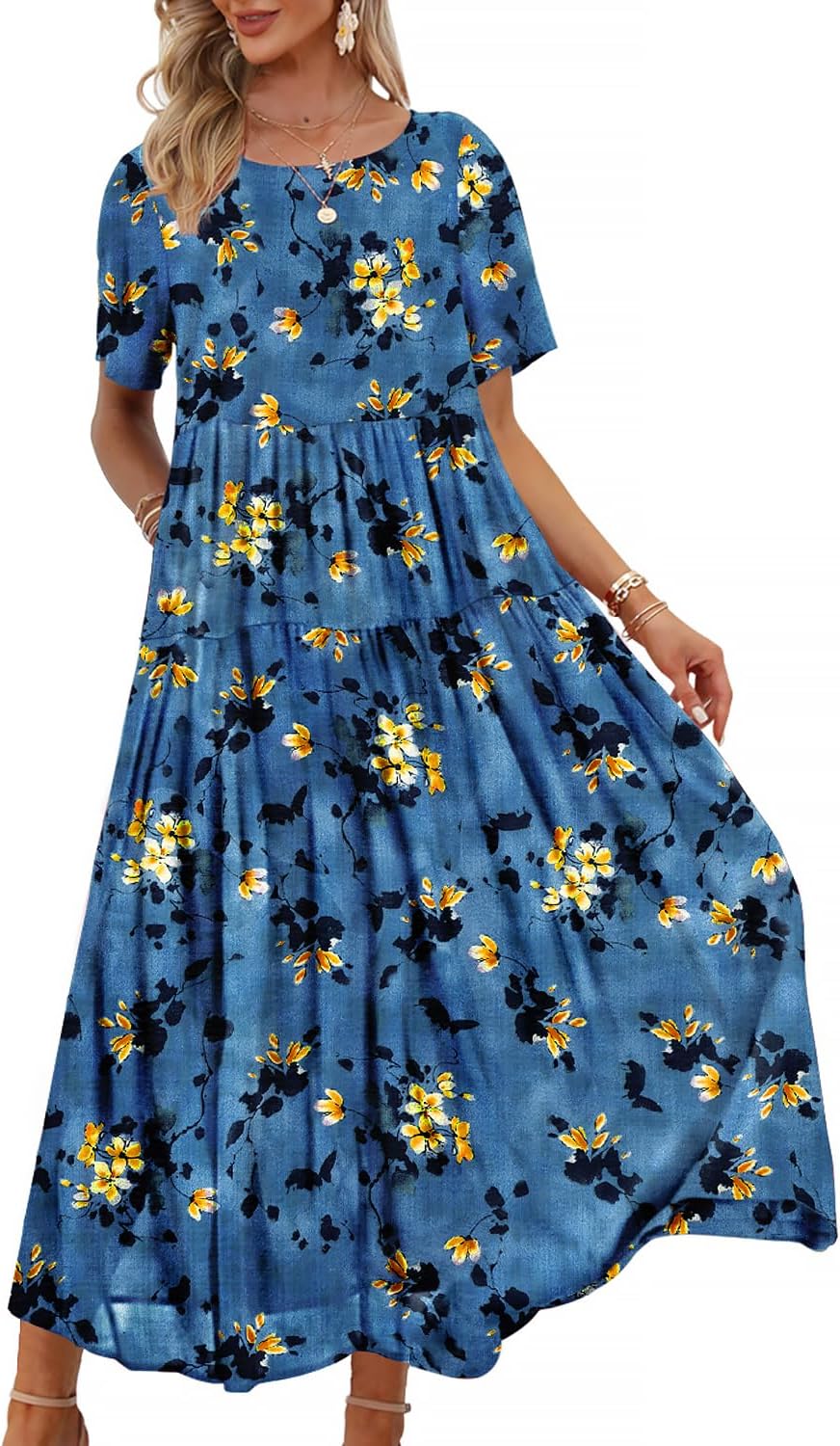Manufacturer  YESNO Women Casual Loose Bohemian Floral Dress with Pockets Short Sleeve Long Maxi Summer Beach Swing Dress EJF dresses