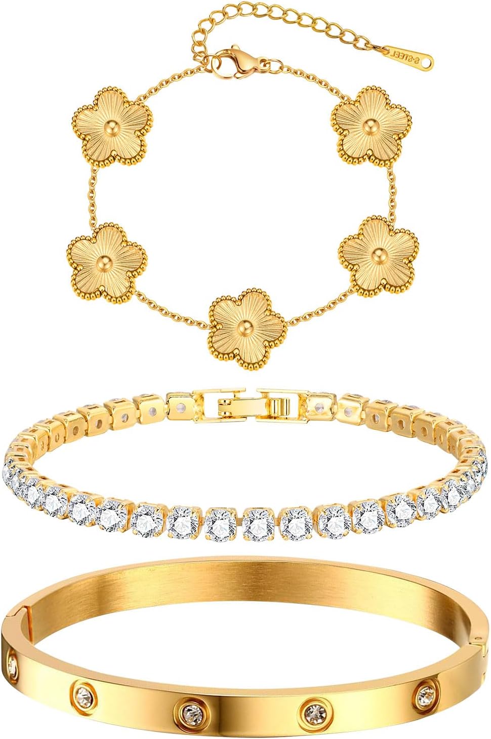 Manufacturer  Womens Stackable Floral Gold Bracelets - 3Pcs 18K Gold Plated Bracelet,Stainless Steel Bangle Bracelets Non Tarnish, Gold Bracelet Set Trendy Jewelry,Christmas Valentines Birthday Gifts for Girlfriend  bracelets