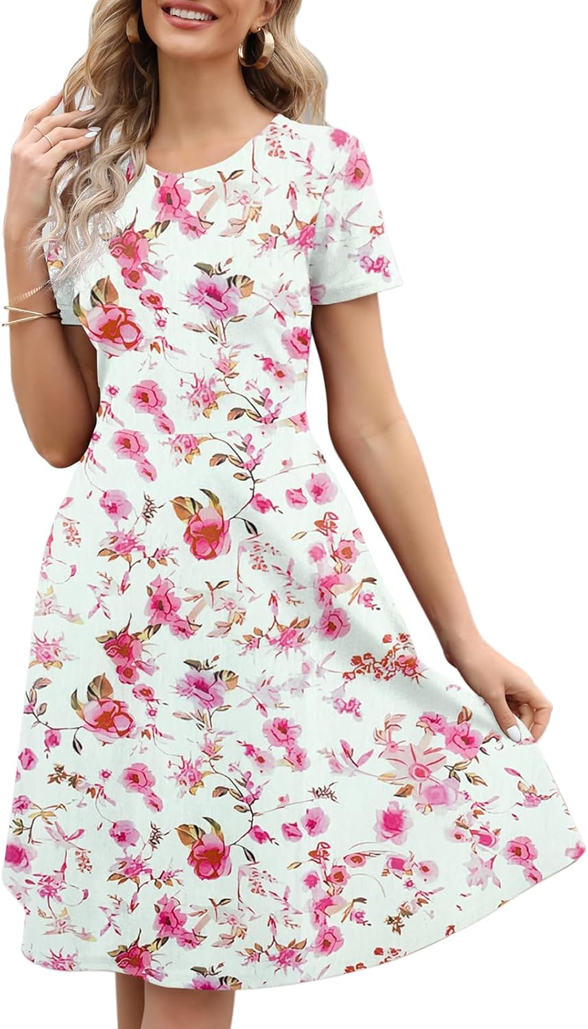 Manufacturer Women's Elegant Knee Length Dresses Vintage 50s Office Casual Floral Print Work Party A-Line Swing Dresses with Pockets 162