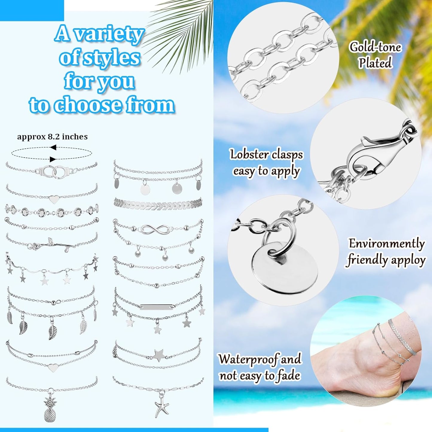 Manufacturer  Hicarer 16 Pieces Ankle Bracelets 14K for Women Anklets Set Boho Beach Anklets Foot Chains Adjustable Foot Hand Jewelry Romantic Gift  bracelets