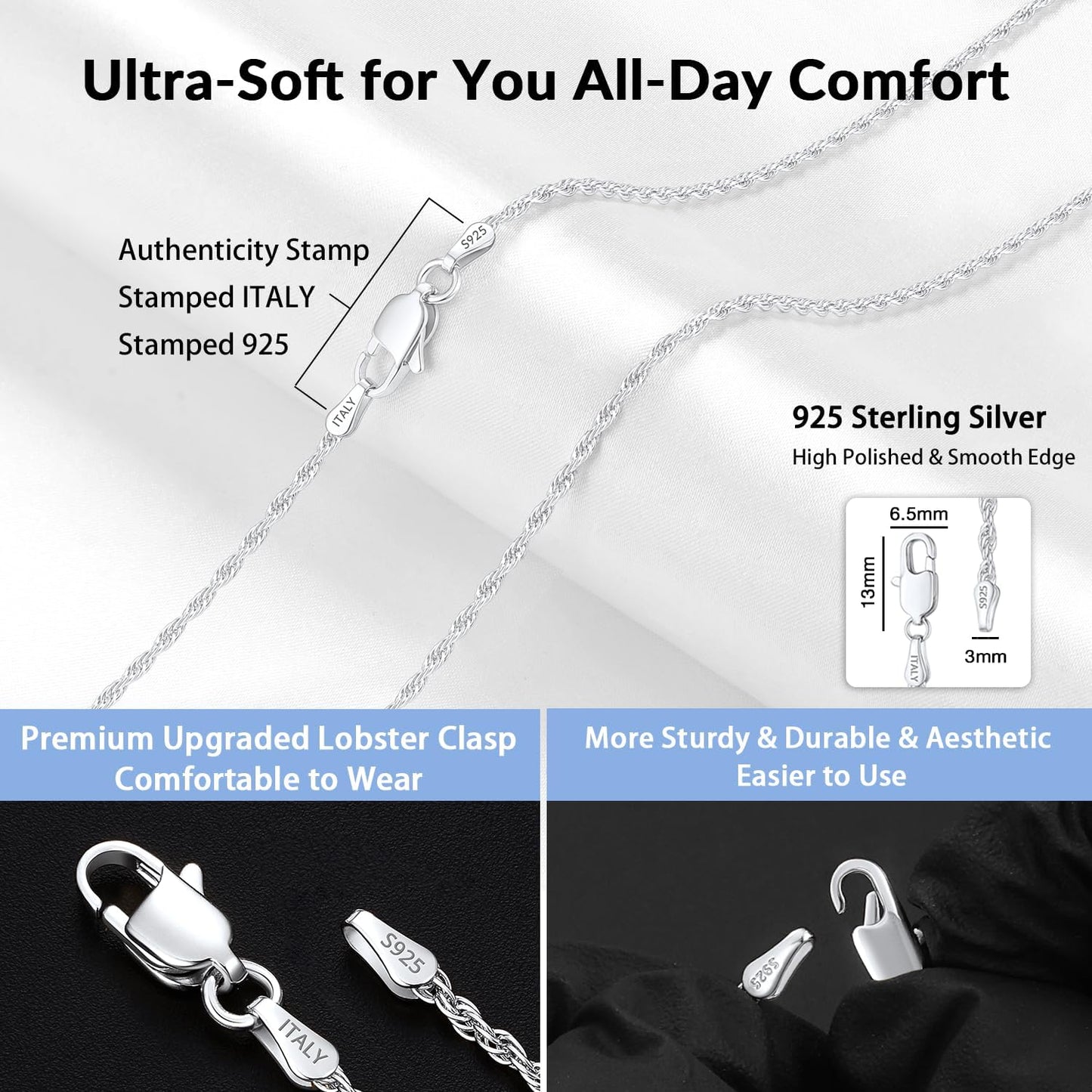 Manufacturer  Jewlpire Italian 2mm Rope Chain 925 Sterling Silver Chain Necklace for Women, 14K Plated Gold Chain for Women Smooth & Sturdy Women's Chain Necklaces, 16 18 20 22 24 26 Inch  Necklace