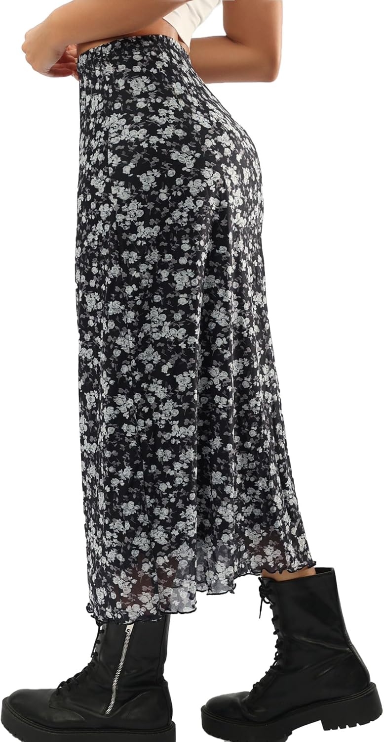Manufacturer  Avanova Women Mesh Floral Boho High Waist Midi Skirt Lettuce Trim Summer A Line Skirts