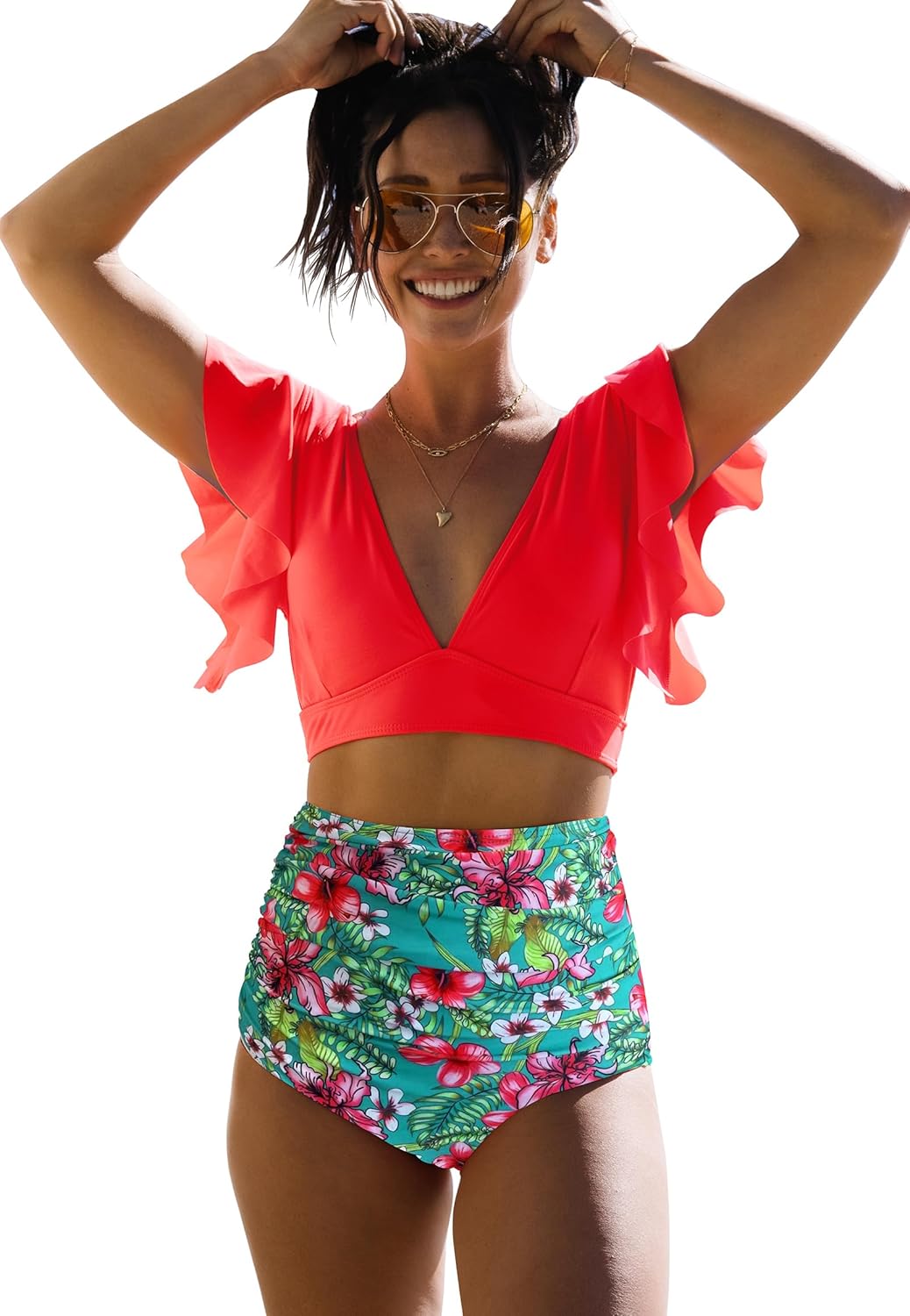 Manufacturer  SPORLIKE Women Ruffle High Waist Swimsuit Two Pieces Push Up Tropical Print Bikini  Swimsuit
