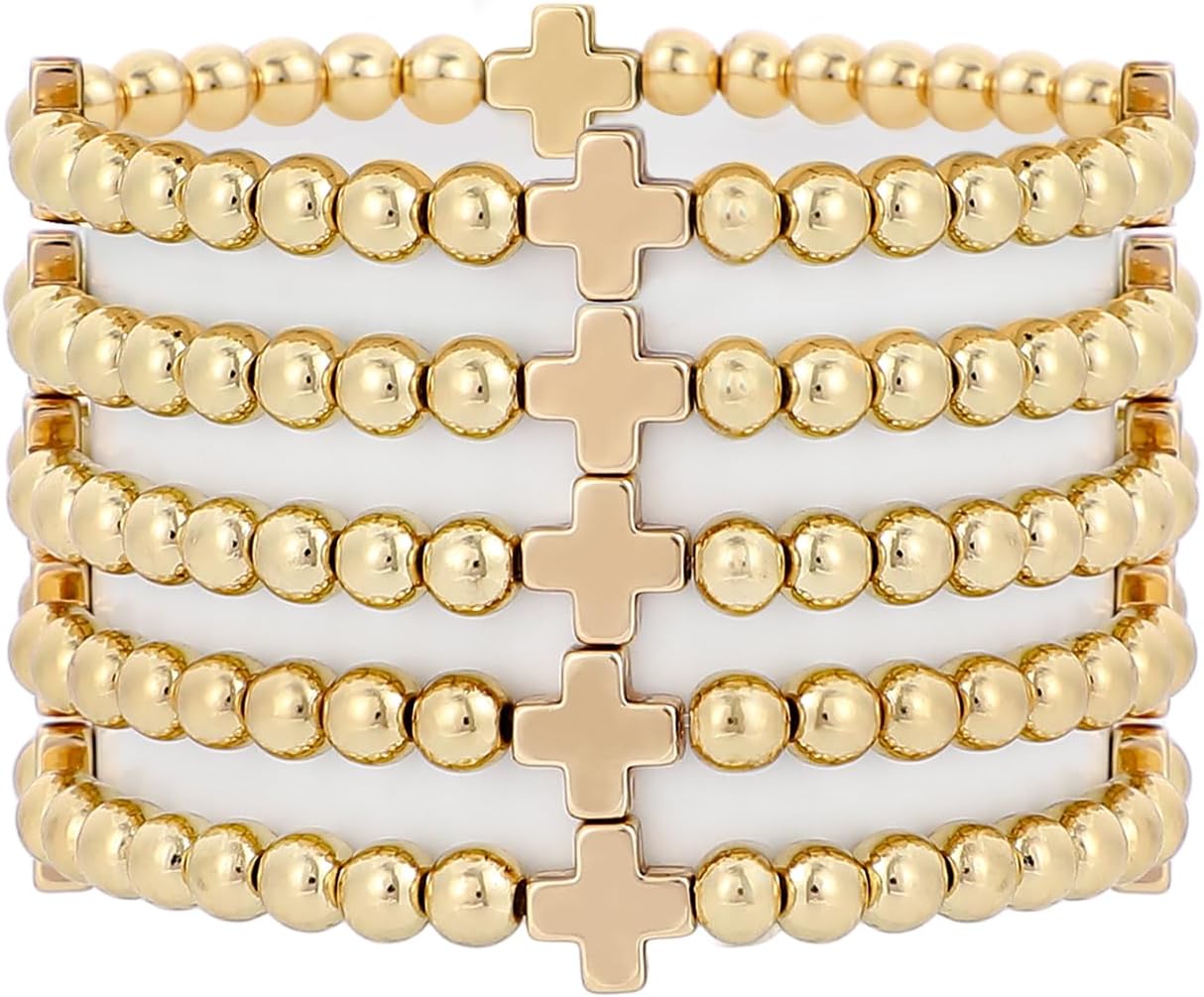 Manufacturer  Gold Beaded Bracelets for Women Trendy, 14K Gold Plated Stack Cross Pearl Gold Bead Stretch Bracelets Set Elastic Hypoallergenic Bracelets Jewelry Gifts  bracelets