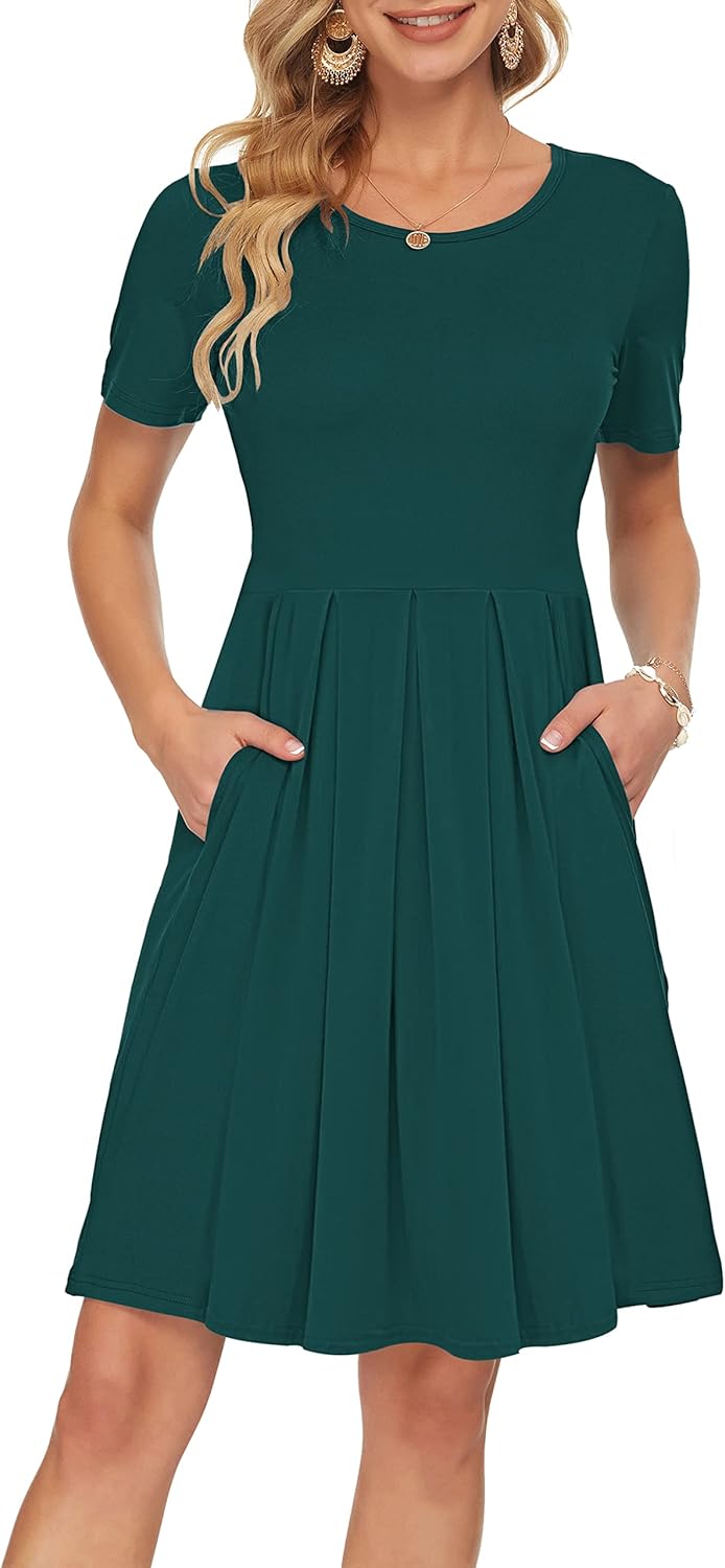Manufacturer  AUSELILY Women's Short Sleeve Summer Dress Pleated Loose Swing Knee Length Dresses with Pockets  New dresses