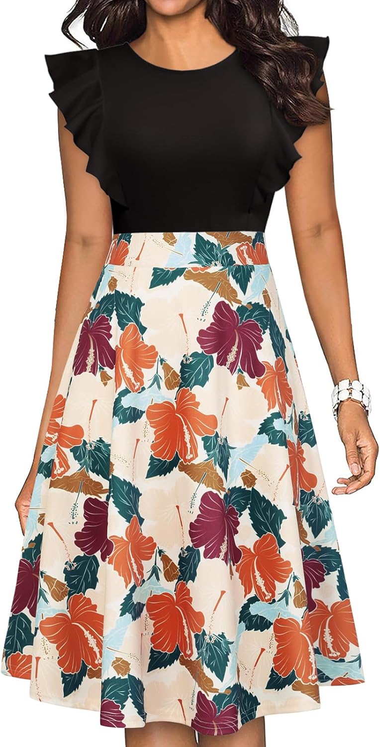 Manufacturer  YATHON Women's Vintage Ruffle Floral Flared A Line Swing Casual Cocktail Party Dresses dresses