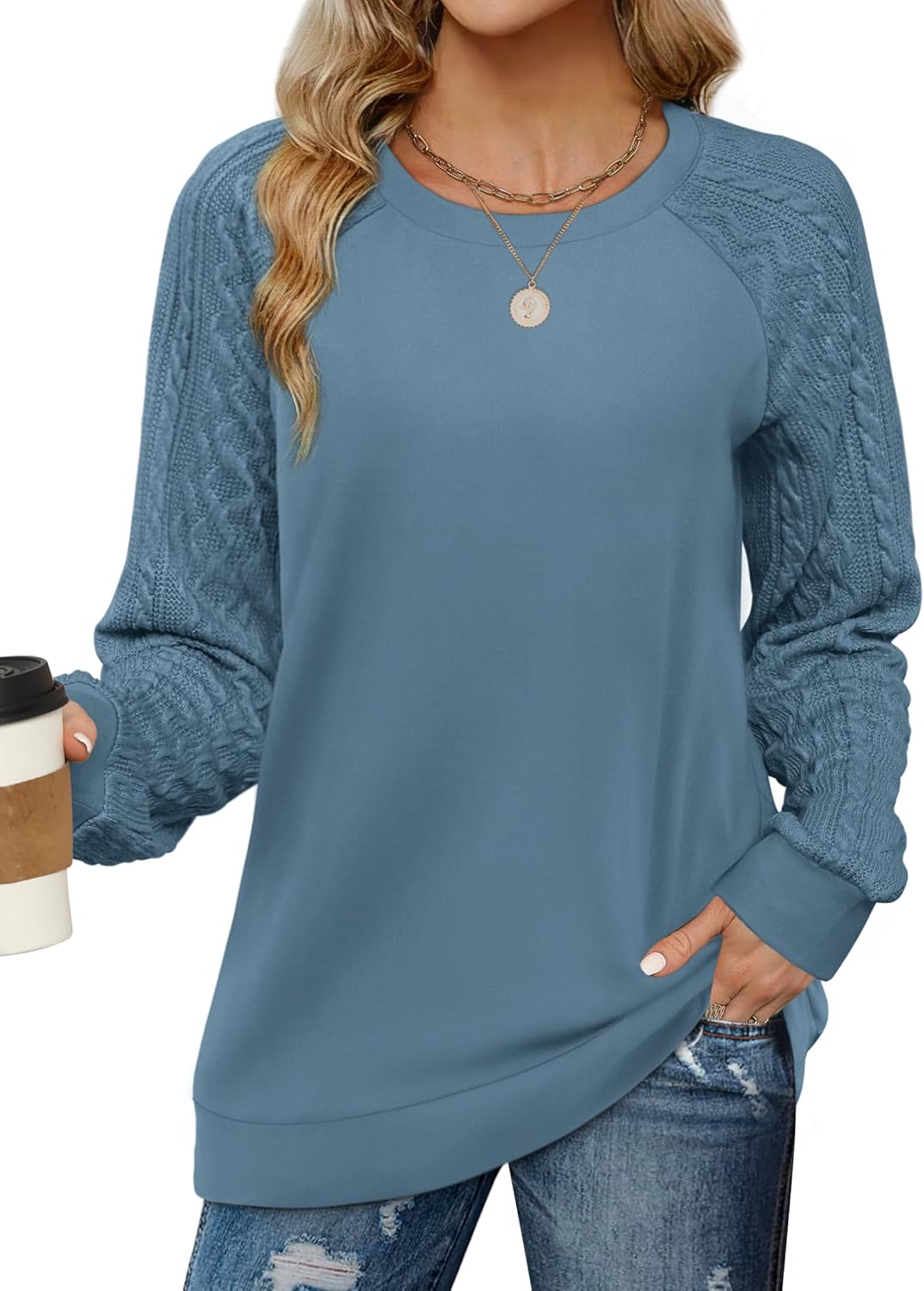 Manufacturer  Saloogoe Sweatshirts for Women Crewneck Cable Knit Sleeve Sweaters Lightweight Fashion   sweaters