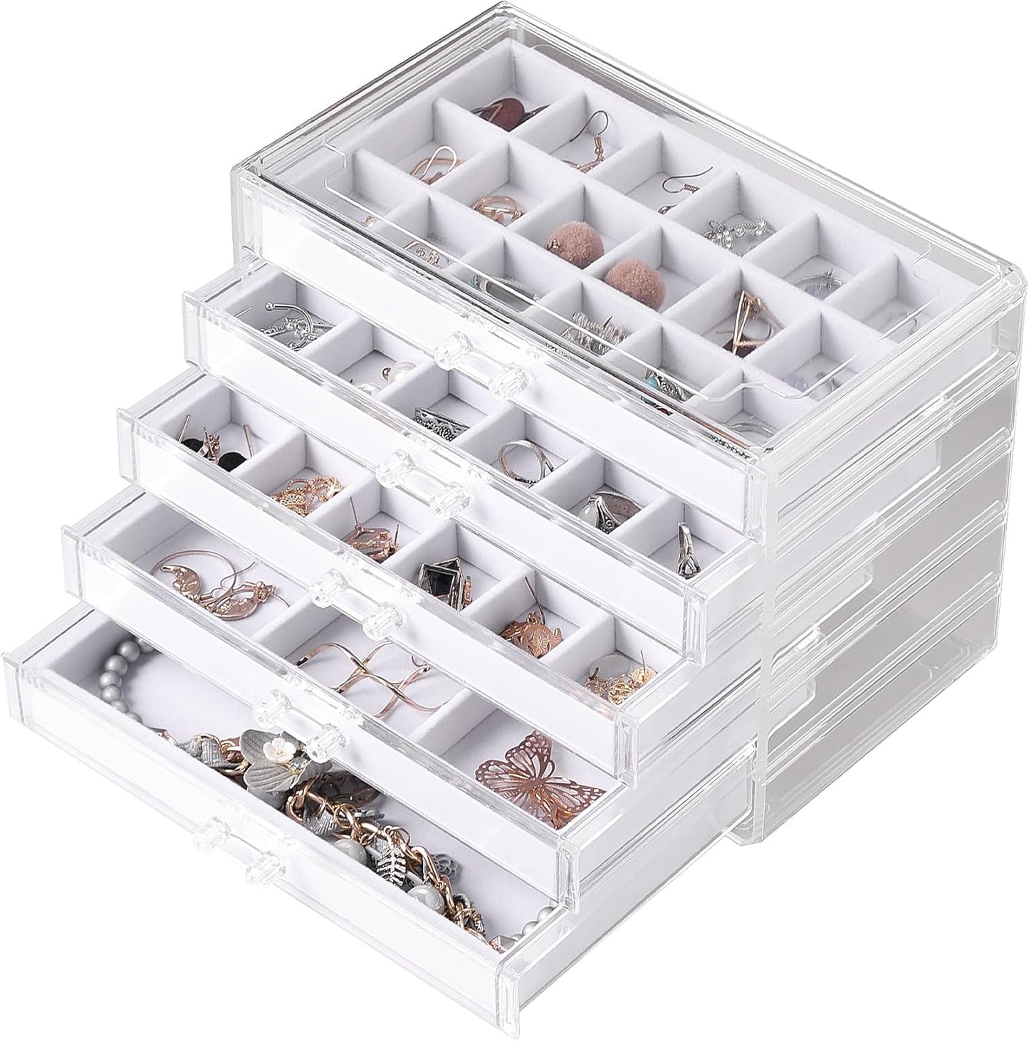 Manufacturer  Frebeauty Acrylic Jewelry Organizer Earring Organizer Box with 5 Drawers Earring Holder Organizer with Velvet Trays Clear Jewelry Box for Women Earring Display for Rings Studs(Beige)   rings