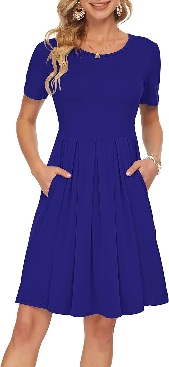 Manufacturer  AUSELILY Women's Short Sleeve Summer Dress Pleated Loose Swing Knee Length Dresses with Pockets  New dresses