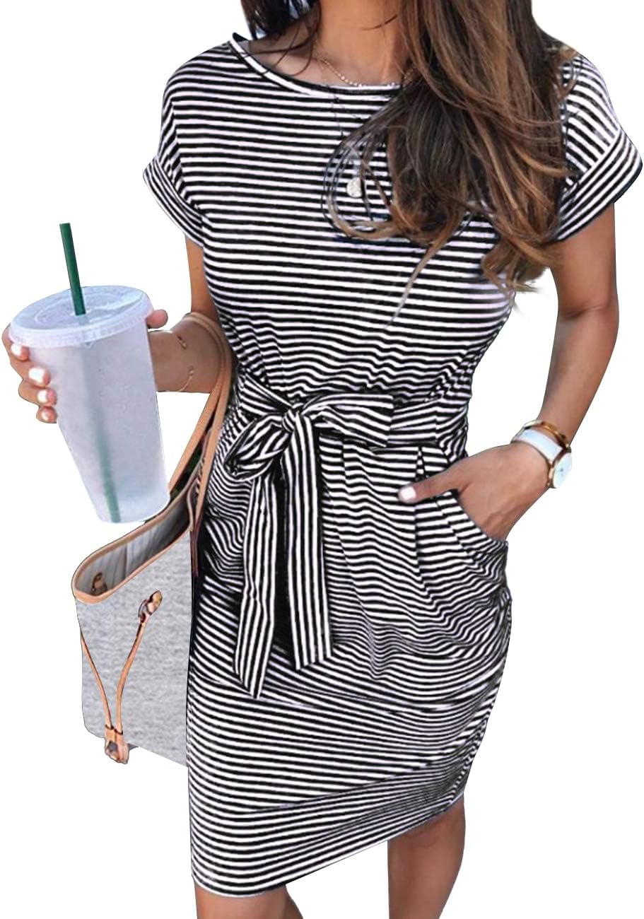 Manufacturer  MEROKEETY Women's Summer Striped Short Sleeve T Shirt Dress Casual Tie Waist with Pockets dresses