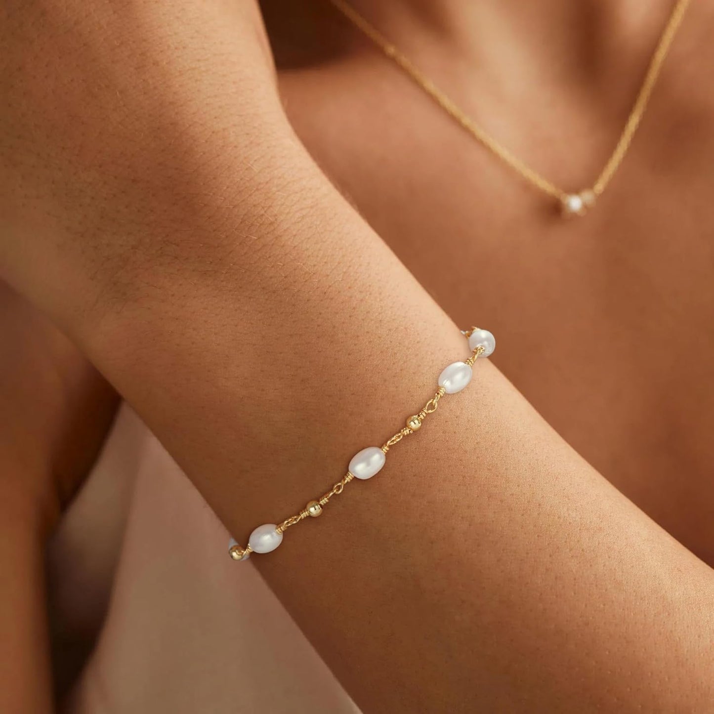 Manufacturer  SLOONG Gold Bracelets for Women Trendy, 14K Real Gold Plated Dainty Stackable Pearl Snake Chain CZ Heart Pendant Bracelets, Layered Waterproof Jewelry Gift for Women Adjustable 6"+2"  bracelets