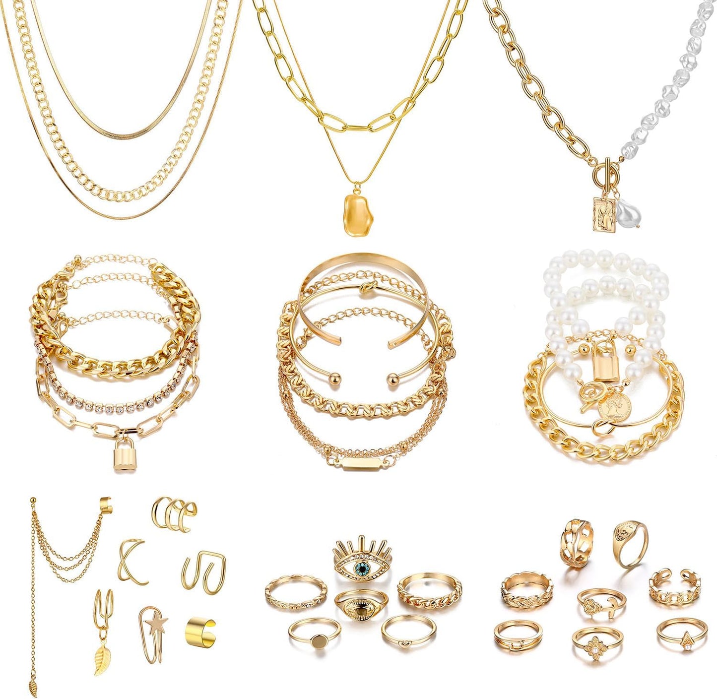 Manufacturer  IFKM 36 PC Gold Plated Jewelry Set with 4 Necklace, 11 Bracelet, 7 Ear Cuffs Earring, 14 Knuckle Rings for Women Girls Valentine Anniversary Birthday Friendship Gift  bracelets