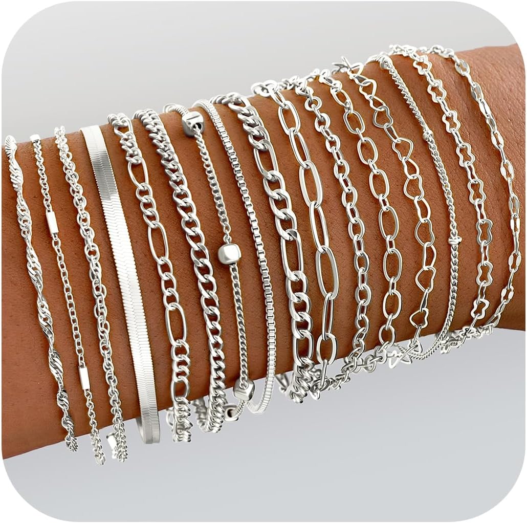 Manufacturer  16 PCS Gold Bracelets for Women, Dainty Bracelets Set for Women Trendy, Gold Stackable Cuban Link Paperclip Chain Bracelet Pack Jewelry Gifts for Women  bracelets