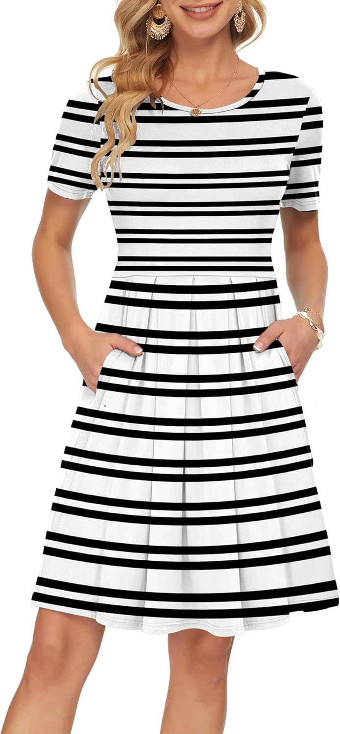 Manufacturer  AUSELILY Women's Short Sleeve Summer Dress Pleated Loose Swing Knee Length Dresses with Pockets  New dresses