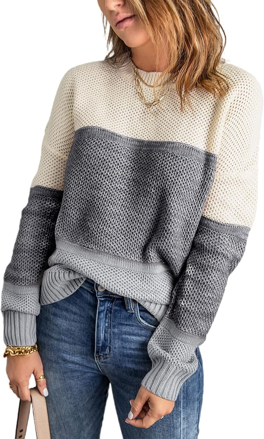 Manufacturer  Dokotoo Womens Color Block Sweaters Long Sleeve Crewneck Pullover Knit Jumper Tops   sweaters