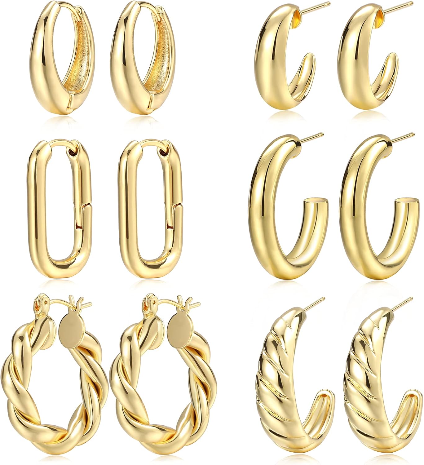 Manufacturer  Hoop Earrings Set for Women, 6 Pairs 14K Gold Plated Lightweight Hypoallergenic Chunky Open Twisted Hoops Earrings Pack Jewelry  earring